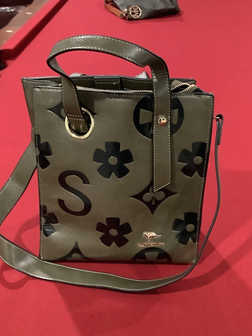 Olive Green Crossbody Tote with Black Floral Monogram Accents